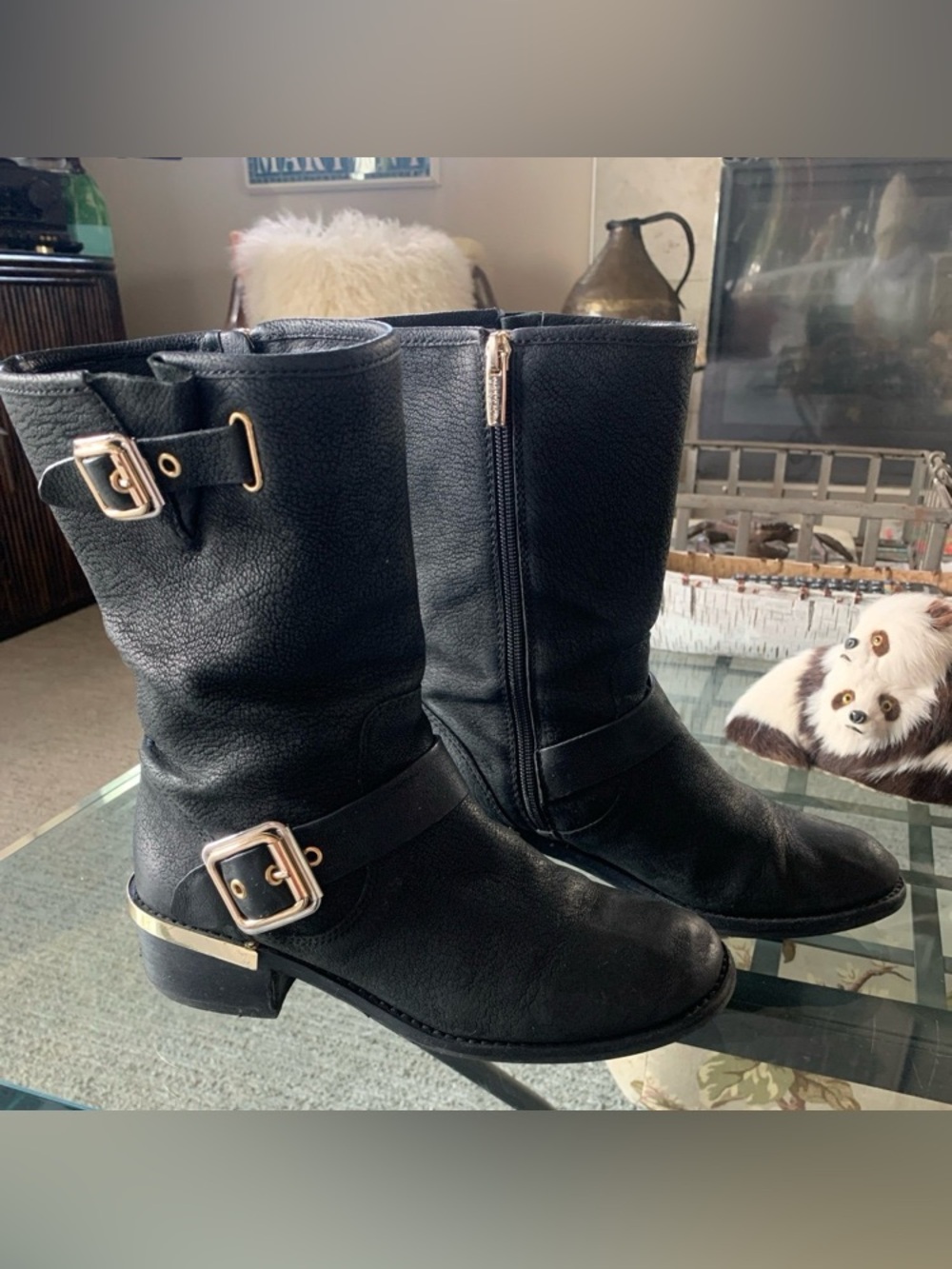 Vince Camuto WINDY Black Mid-Calf Buckle Moto Boots Size 7